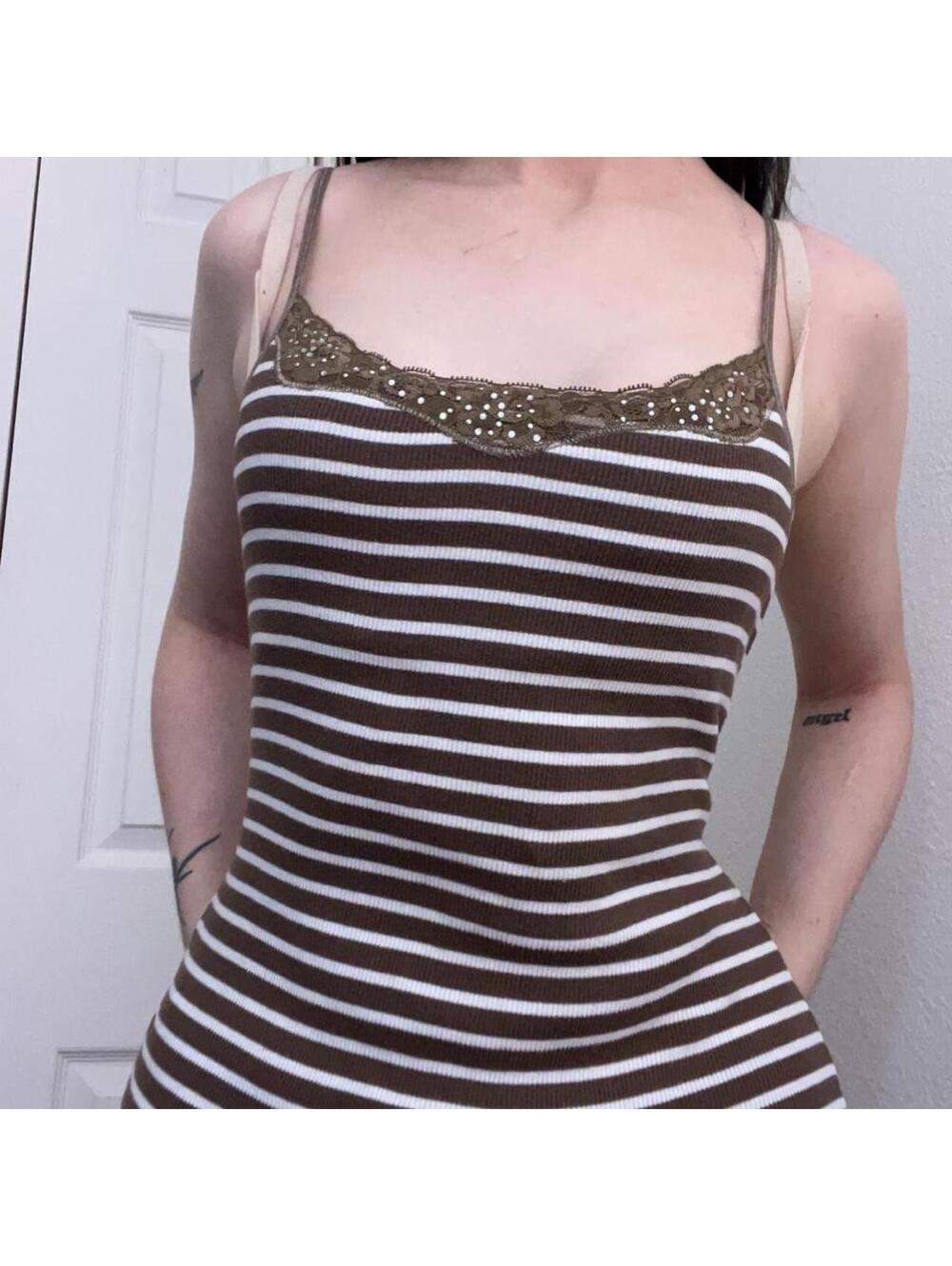 white and brown striped cami with lace trim